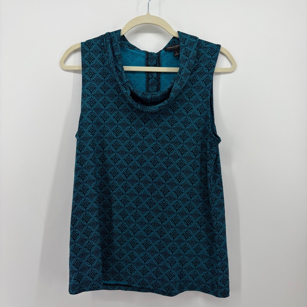 Banana Republic Womens S Teal Geometric Cowl Neck Sleeveless Button Back Top
